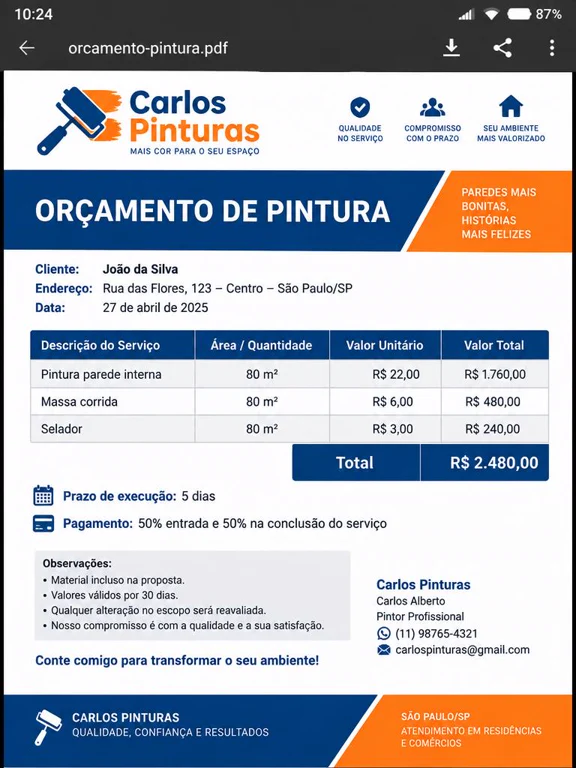 Exemplo de orçamento de pintura em PDF 1